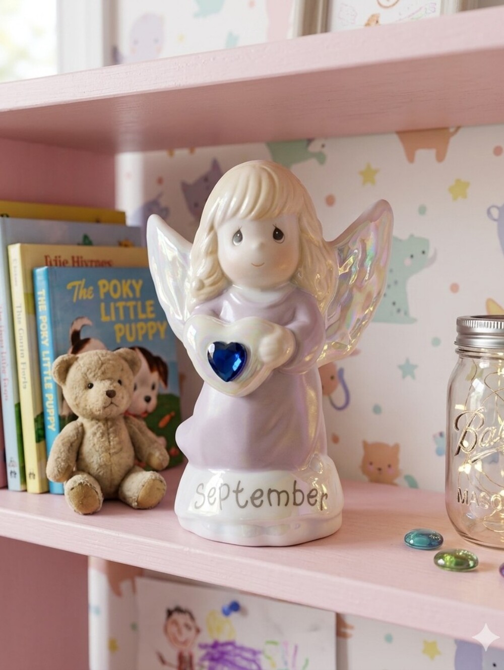 VTG Precious Moments September Birthday Angel Figurine 2000 Sapphire Heart